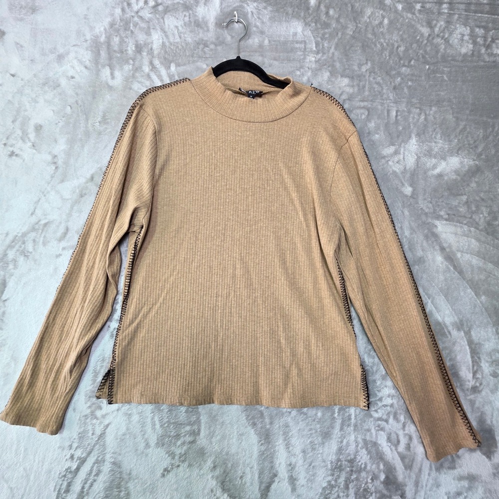 J.Crew Women 2X Tan Ribbed Mock Neck Top Contrast Whipstitch Long Sleeve 1392